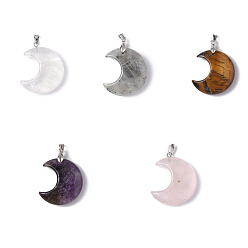 Mixed Stone Natural Mixed Gemstone Pendants, Moon Charms, with Platinum Tone Brass Findings, 35x27x10mm, Hole: 10x4mm