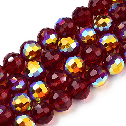 Dark Red Transparent Electroplate Glass Beads Strands, Faceted, Half AB Color Plated, Round, Dark Red, 8x7~7.5mm, Hole: 1.0mm, about 71~72 pcs/strand, 20.20~21.85 inch(51.3~55.5cm)