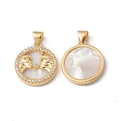 Gemini Rack Plating Brass Shell Pendants, with Cubic Zirconia & Natural Shell, Flat Round with Constellation Charms, Cadmium Free & Lead Free, Long-Lasting Plated, Real 18K Gold Plated, Gemini, 19x16x3mm, Hole: 4x3.5mm