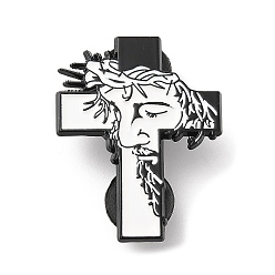 White Religion Cross with Human Enamel Pin, Electrophoresis Black Zinc Alloy Brooch for Backpack Clothes, White, 33.7x26.5x1.3mm