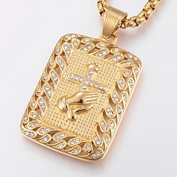 Oro 304 de acero inoxidable collares pendientes, con diamante de imitación, rectángulo con mano y cruz, dorado, 24.4 pulgada (62 cm)