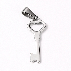 Stainless Steel Color 304 Stainless Steel Pendants, Large Hole Pendants, for Valentine's Day, Heart Key, Stainless Steel Color, 27x10x1mm, Hole: 8x3mm