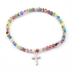 Colorful 304 Stainless Steel Charm Stretch Bracelets, with Alloy Beads and Millefiori Glass Beads, Cross, Colorful, Inner Diameter: 2-1/4 inch(5.8cm)