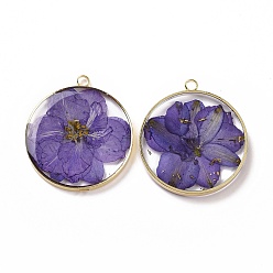 Medium Purple Transparent Clear Epoxy Resin Pendants, with Edge Golden Plated Brass Loops and Gold Foil, Flat Round Charms with Inner Flower, Medium Purple, 33.8x30x4mm, Hole: 2.5mm