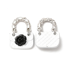White Alloy Enamel Charms, Cadmium Free & Nickel Free & Lead Free, Platinum, Handbag with Flower Charm, White, 22mm, Bag: 16.5x11.5x5mm, Hole: 7x9mm