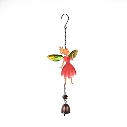 Red Fairy Wind Chimes, with Bell, Glass and Iron Findings, for Home, Party, Festival Decor, Garden, Yard Decoration, Red, 380x120mm