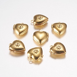 Golden Brass Locket Pendants, Photo Frame Charms for Necklaces, Heart, Golden, 12x10.5x4mm, hole: 1mm