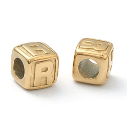 Letter R 304 Stainless Steel European Beads, Large Hole Beads, Horizontal Hole, Cube with Letter, Golden, Letter.R, 8x8x8mm, Hole: 4mm