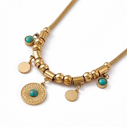 Round Synthetic Turquoise Pendant Necklace with 304 Stainless Steel Round Snake Chains, Golden, Round Pattern, 15.75 inch(40cm)