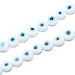 Blanco Hechos a mano de cristal de murano mal de ojo planas hebras de perlas redondas, blanco, 6x3 mm, agujero: 1 mm, sobre 65 unidades / cadena, 14 pulgada