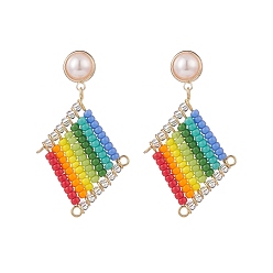Colorful Japanese Seed Braided Rhombus Dangle Stud Earrings with Plastic Pearl Beaded, Golden Brass Drop Earrings for Women, Colorful, 45mm, Pin: 0.6mm