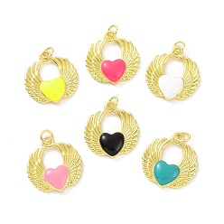 Mixed Color Rack Plating Brass Enamel Pendants, with Jump Ring, Long-Lasting Plated, Real 18K Gold Plated, Cadmium Free & Lead Free, Wing with Heart Charm, Mixed Color, 20.5x19x3.5mm, Jump Ring: 5x0.8mm, Inner Diameter: 3.5mm