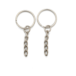 Platinum Iron Split Key Rings, with Chains, Keychain Clasp Findings, Platinum, 25x2.9mm, Inner Diameter: 22.1mm
