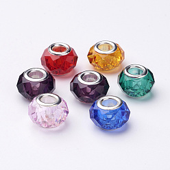 Mixed Color Glass European Beads, Large Hole Beads, Faceted, Mixed Color, with Iron Core in Silver Color, about 13mm wide, 10mm long, hole: 5mm