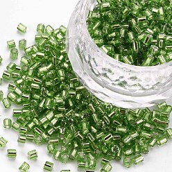 Lime Green 8/0 Glass Bugle Beads, Silver Lined, Lime Green, 2.5~3x2.5mm, Hole: 1mm, about 15000pcs/pound