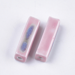 Pink Handmade Porcelain Beads, Fancy Antique Glazed Porcelain, Cuboid, Pink, 23~29x7~10x7~10mm, Hole: 2.5~3mm