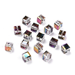 Púrpura Electroplate cuentas de vidrio transparentes, cubo facetas, arco iris chapado, púrpura, 6x6x6 mm, agujero: 1.8 mm