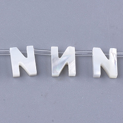 Letter N Cuentas de concha marinas naturales, concha blanca concha de nácar, cuentas perforadas superiores, letter.n, 10x2.5~11.5x3 mm, agujero: 0.8 mm