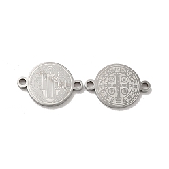 Stainless Steel Color Religion 304 Stainless Steel Connector Charms, Flat Round with Saint Benedict Cross, Stainless Steel Color, 19x13.5x1mm, Hole: 1.8mm