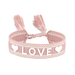 Pink Bracelet cordon tressé motif mot amour en silicone avec pompons en polyester, bracelet plat réglable pour femme, rose, diamètre intérieur: 5-7/8~9-1/2 pouce (15~24 cm)