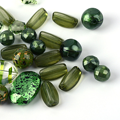 Dark Olive Green Acrylic Beads, Mixed Shapes, Dark Olive Green, 5.5~28x6~20x3~11mm, Hole: 1~5mm