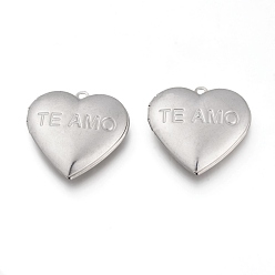 Stainless Steel Color Valentine's Day 304 Stainless Steel Locket Pendants, Photo Frame Charms for Necklaces, Heart with TE AMO, Stainless Steel Color, Tray: 19X21.5mm, 29x29x6.5mm, Hole: 2mm