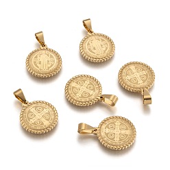 Golden 304 Stainless Steel Pendants, Flat Round with Saint Benedict Medal, Golden, 22x19x3mm, Hole: 4x7mm