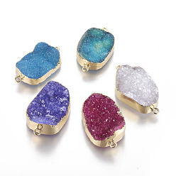 Mixed Color Natural Druzy Crystal Links connectors, with Golden Tone Brass Findings, Oval, Dyed, Mixed Color, 32~37x17.5~19.5x7.5~10.5mm, Hole: 1.8mm