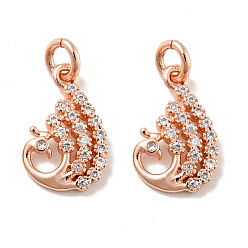 Rose Gold Peacock Brass Micro Pave Clear Cubic Zirconia Charms, with Jump Ring, Cadmium Free & Lead Free, Rose Gold, 14.5x10x1.8mm, Hole: 3mm