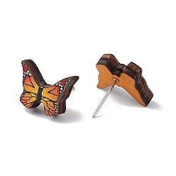 Mariposa Aretes de madera natural, 316 joyas de acero inoxidable para mujer, patrón de mariposa, 11x14.5 mm, pin: 0.6 mm
