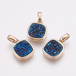 Royal Blue Natural Druzy Agate Pendants, with Brass Finding, Square, Golden, Royal Blue, 13x11x3~4mm, Hole: 2x2.5mm