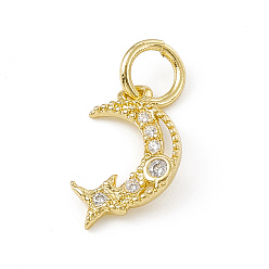 Real 18K Gold Plated Brass Micro Pave Cubic Zirconia Charms, with Jump Ring, Moon & Star Charm, Real 18K Gold Plated, 13x8x1mm, Hole: 3mm