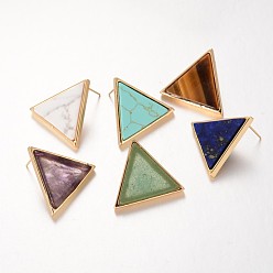Mixed Stone Triangle Brass Natural & Synthetic Mixed Stone Stud Earrings, 23x26.5x3.5mm, Pin: 0.8mm