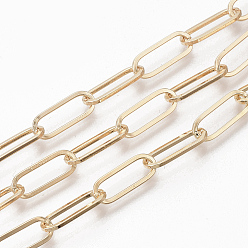 Light Gold Chaînes de trombones en fer non soudées, Ovale Plat, chaînes de câble allongées étirées, avec bobine, or et de lumière, 16x7x1.6mm, environ 82.02 pieds (25 m)/rouleau