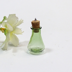Lime Green Empty Small Glass Cork Vase Pendants, Wishing Bottle Charms with Platinum Plated Iron Loops, Lime Green, 16x27mm