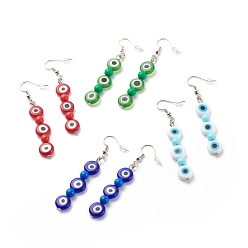 Mixed Color Lampwork Evil Eye & Acrylic Beaded Dangle Earrings, Brass Jewelry for Women, Mixed Color, 65mm, Pin: 0.7mm