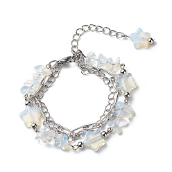 Stainless Steel Color Star Opalite Beads Multi-strand Bracelets, 304 Stainless Steel Paperclip Chains & Brass Curb Chains Bracelets for Women, Stainless Steel Color, 7 inch(17.8cm)