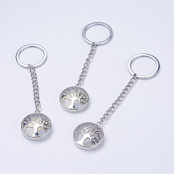 Opalite Porte-clés opalite, avec les principaux anneaux de fer, chaîne de fer et laiton, plat et circulaire avec arbre de vie, 100~120 mm, pendentif: 31x27x7 mm