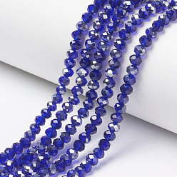 Dark Blue Electroplate Transparent Glass Beads Strands, Half Gray Plated, Faceted, Rondelle, Dark Blue, 4x3mm, Hole: 0.4mm, about 123~127pcs/strand, 16.5~16.9 inch(42~43cm)