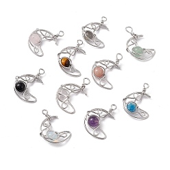 Mixed Stone Natural & Synthetic Mixed Gemstone Pendants, with Rack Plating Platinum Tone Brass Findings, Cadmium Free & Lead Free, Moon, 31.5~33x22x8.5mm, Hole: 2.5~3mm