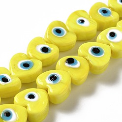 Yellow Handmade Evil Eye Lampwork Beads Strands, Heart, Yellow, 12x12x6mm, Hole: 1.4mm, about 33pcs/strand, 14.37''~14.57''(36.5~37cm)