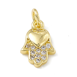 Real 18K Gold Plated Brass Micro Pave Cubic Zirconia Charm, with Jump Rings, Hamsa Hand with Heart Charm, Real 18K Gold Plated, 12x8x2.5mm, Hole: 2.7mm