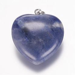 Sodalite Natural Sodalite Gemstone Pendants, Heart, Platinum, 32.5~34x30x12mm, Hole: 5x8mm