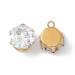 Golden 304 Stainless Steel Pendants, with Crystal Rhinestone, Flat Round, Golden, 12x10x6.5mm, Hole: 1.8mm