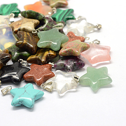 Mixed Stone Star Natural & Synthetic Mixed Stone Pendants, with Platinum Tone Brass Findings, 22~23x20~24x5~7mm, Hole: 2x7mm