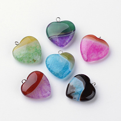 Mixed Color Dyed Natural Agate Pendants, Heart, Mixed Color, 21.5~23x20~20.5x6.5~7.5mm, Hole: 2mm