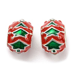 Red Christmas Brass Enamel European Beads, with Rhinestone, Large Hole Beads, Lead Free & Cadmium Free, Long-Lasting Plated, Platinum, Rondelle with Christmas Tree, Red, 10.5x8x10.5mm, Hole: 4.8mm