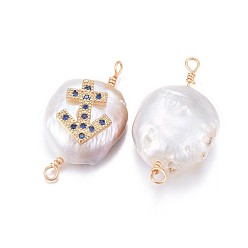 Sagittaire Connecteurs de liens de perles naturelles, avec accessoires zircon cubique micro pave en laiton, plat rond avec constellation, or, bleu marine, Sagittaire, 20~26x9~17x5~11mm, Trou: 1.6mm