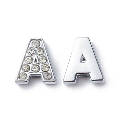 Letter A Alliage des charmes de glissière initiales avec le grade d'un strass, sans plomb et sans nickel, platine, letter.a, 12~13x8~13x4~5mm, Trou: 8x2mm