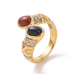 Red Jasper Natural Red Jasper & Synthetic Blue Goldstone Oval Open Cuff Ring with Crystal Rhinestone, Ion Plating(IP) 304 Stainless Steel Jewelry for Women, Golden, US Size 6(16.5mm)